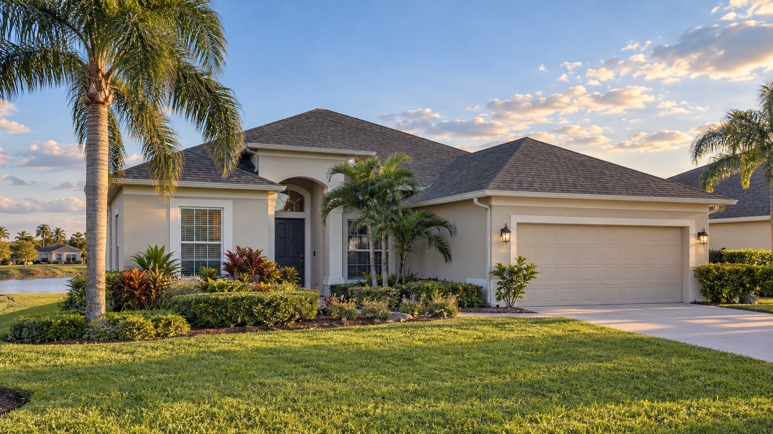 A Florida home with a new shingle roof at sunset
