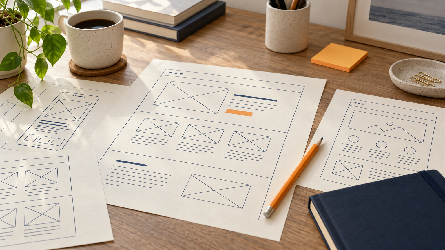 A design desk with a laptop, paper wireframes, and a notebook